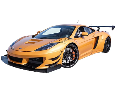Orange Sports Car With Black Rear Wing And Wheels And Stripe Decoration 3d model