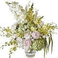 Elegant Transparent Glass Vase With White Pink Roses Orchids Hydrangeas And Green Leaves