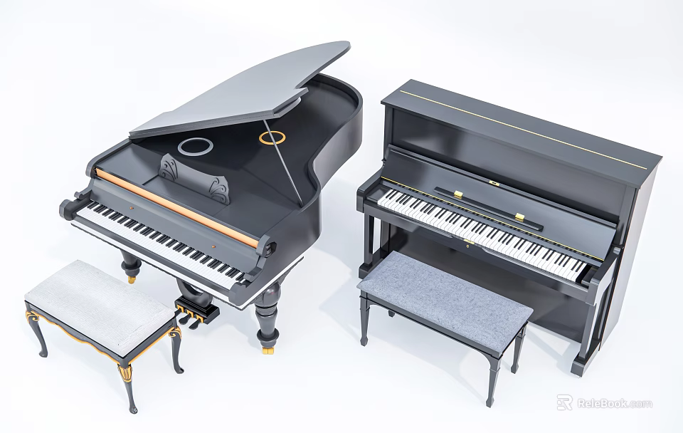Elegant Musical Instruments and Art Supplies Display with Piano Paintbrushes and Paints 3d model 