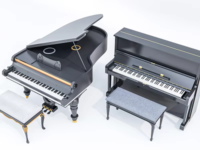 Elegant Musical Instruments and Art Supplies Display with Piano Paintbrushes and Paints 3d model