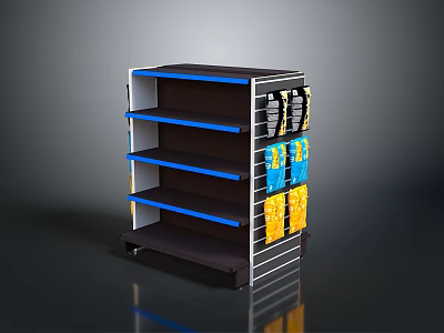 Retail Store Shelving Unit With Blue Layers Black Frame And Colorful Products 3d model