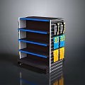 Retail Store Shelving Unit With Blue Layers Black Frame And Colorful Products