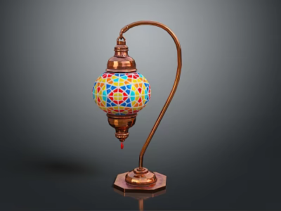 Traditional Copper Curved Stand Table Lamp With Colorful Mosaic Globe Shade And Hexagonal Base 3d model