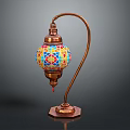 Traditional Copper Curved Stand Table Lamp With Colorful Mosaic Globe Shade And Hexagonal Base