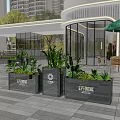 Modern Garden Landscape Design With Silver Planters Green Plants And Building Entrance