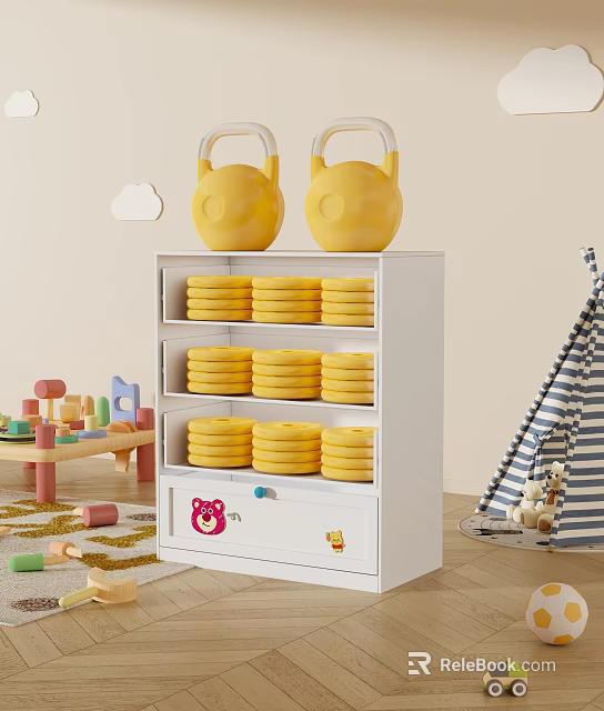 White Children's Chest of Drawers With Yellow Kettlebells Stackable Discs and Pink Bear Design 3d model 