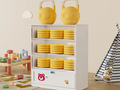 White Children's Chest of Drawers With Yellow Kettlebells Stackable Discs and Pink Bear Design 3d model