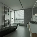 Modern Bathroom Interior Design With Bathtub Shower Blinds Gray Walls And Wooden Vanity