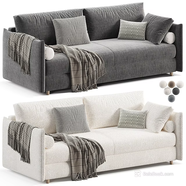 Gray And White Sofa Design With Striped Blankets Pillows And Decorative Balls 3d model 