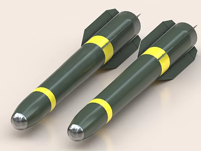Pair of Green Military Bombs With Yellow Stripes Silver Nose Cones And Rear Fins 3d model