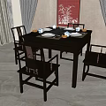Dark Wood Dining Table Set With Four Chairs Tableware And Decorative Painting 3d model