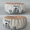 Cute Cartoon Animal Pattern Round Ottoman With Orange Striped Cushion And Gray Character Design
