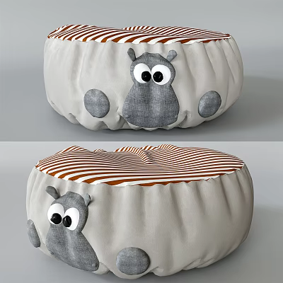 Cute Cartoon Animal Pattern Round Ottoman With Orange Striped Cushion And Gray Character Design 3d model