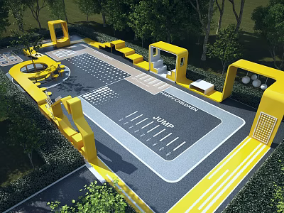 Kids Play Area With Yellow Structures Traffic Markings Play Equipment And Surrounding Trees 3d model