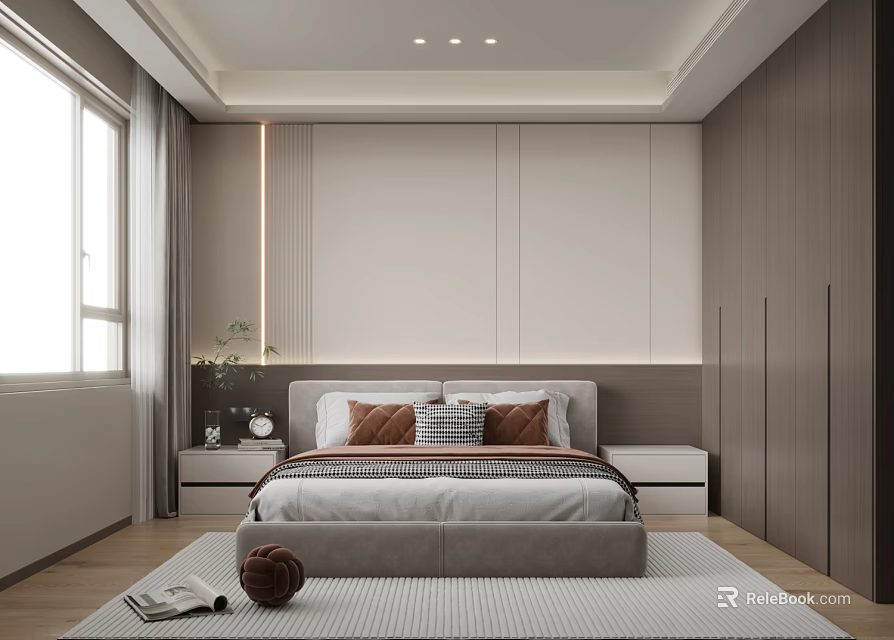 Modern Bedroom Interior With Large Bed Pillows Nightstands Rug And Wooden Floor 3d model 
