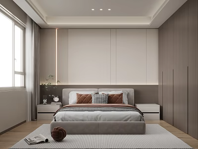 Modern Bedroom Interior With Large Bed Pillows Nightstands Rug And Wooden Floor 3d model