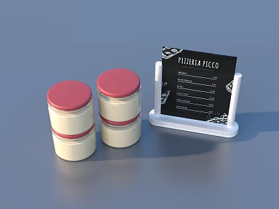 Two White Jars With Red Lids And Platea Picco Menu In White Holder 3d model