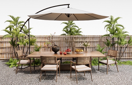 Quiet outdoor table and chair dining table and chair plant pile shrub bamboo fence 3d model