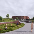 Cultural Center Modern Curved Architecture With Interior Greenery Open Space And Visitors
