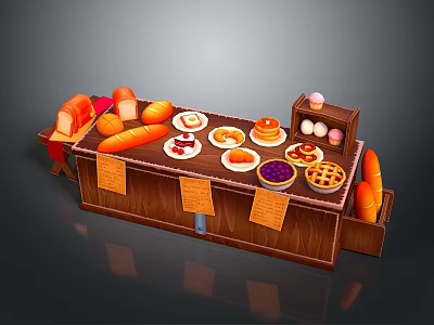 Wooden Food Stall Displaying Fresh Bread Cakes Pies Fruits And Eggs 3d model