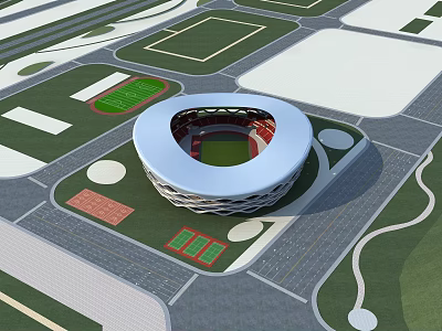 Aerial View Of Modern Circular Stadium With Green Areas And Surrounding Facilities 3d model