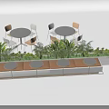 Bonsai Plants Decor Outdoor Terrace with Round Tables Chairs and Wooden Flooring