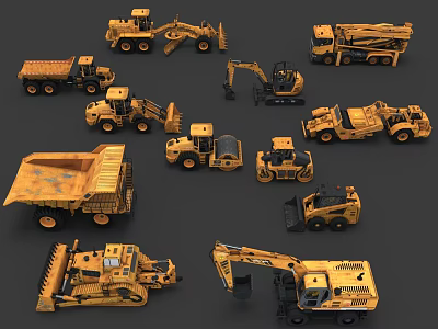 Various Yellow Construction Vehicle Model Set Featuring Excavator Bulldozer Truck Loader And Roller 3d model