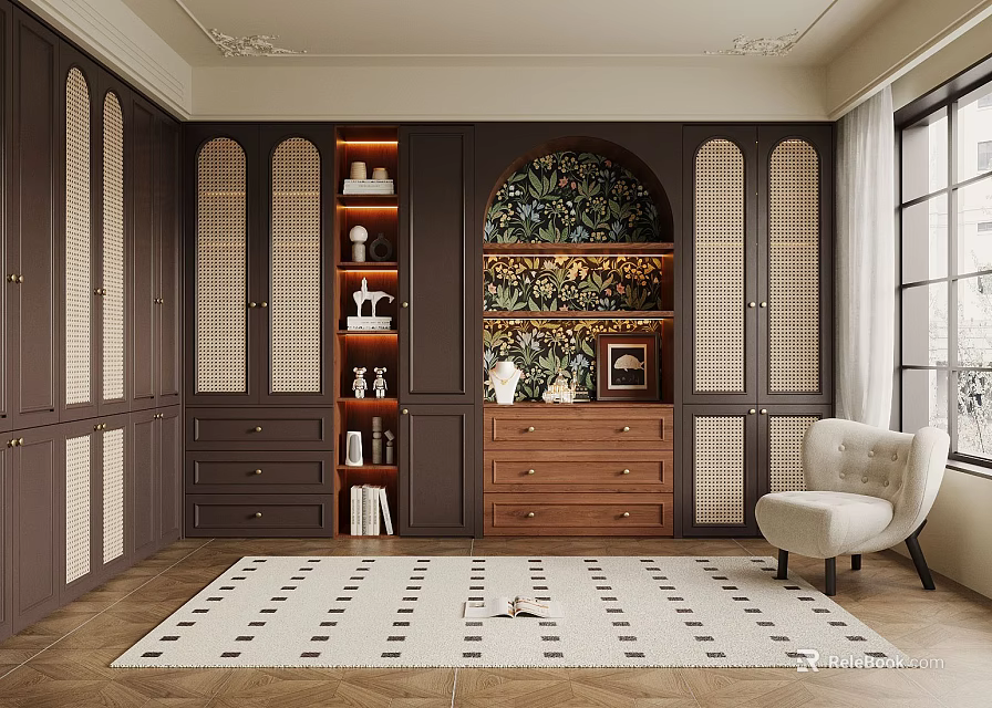 Elegant Walk-in Closet With Dark Brown Cabinets Arched Walls Built-in Shelves And Beige Armchair 3d model 