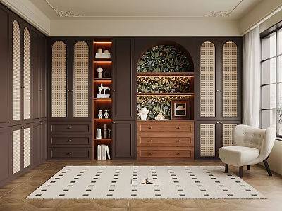 Elegant Walk-in Closet With Dark Brown Cabinets Arched Walls Built-in Shelves And Beige Armchair 3d model