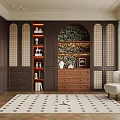 Elegant Walk-in Closet With Dark Brown Cabinets Arched Walls Built-in Shelves And Beige Armchair