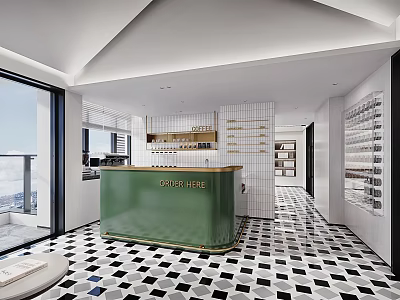 Modern Cafe Interior With Green Counter Open Space And Black White Checkered Floor 3d model