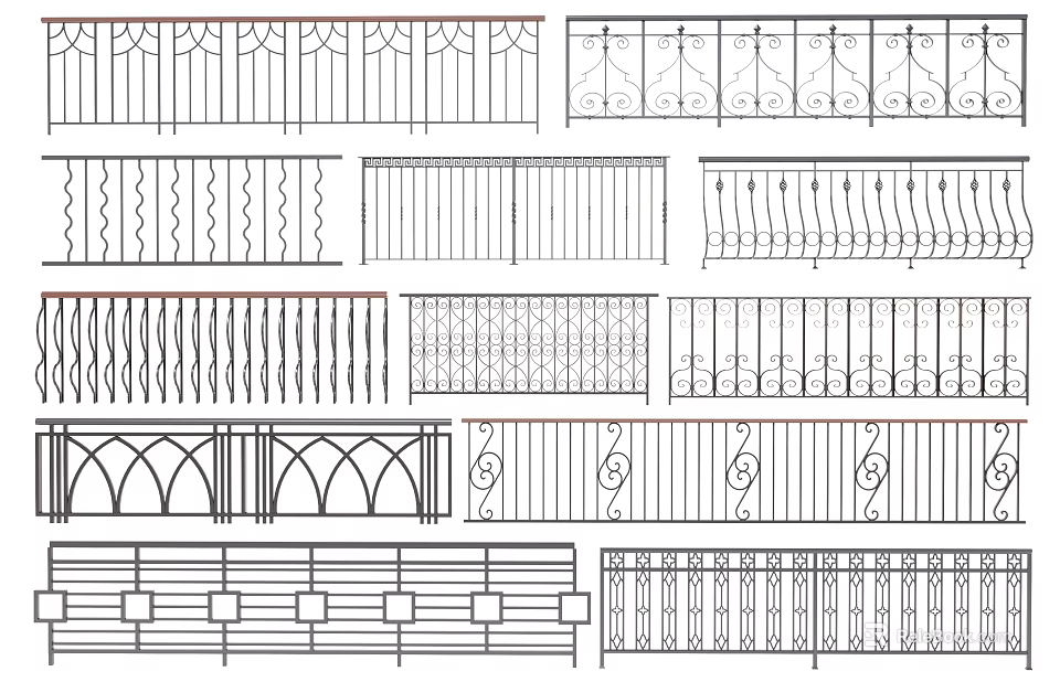 Various Decorative Railing Designs With Intricate Patterns And Different Structural Styles 3d model