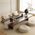 Wooden Tea Table and Chairs with Floor Cushions Tea Set and Window in Minimalist Room