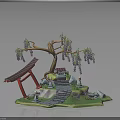 Traditional Japanese Architecture With Red Torii Gate Stone Steps Small Shrine And Weeping Willow