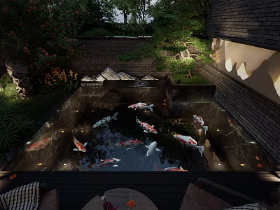 Serene Courtyard Garden Water Feature With Koi Fish Pond Green Plants Brick Walls And Lighting 3d model