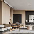Modern Living Room Interior Design With Light Colored Sofa Wooden Chairs And Round Coffee Table