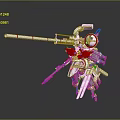 Mechanical Robot Character With Long Cannon Barrel Red Decorations And Multiple Weapons 3d model