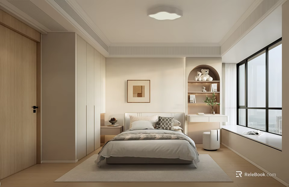 Modern Neutral Tones Bedroom Interior With Bed Framed Art Built In Shelf And Large Window 3d model 