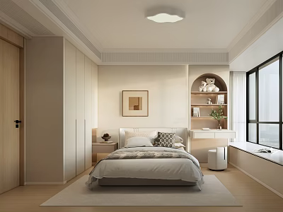 Modern Neutral Tones Bedroom Interior With Bed Framed Art Built In Shelf And Large Window 3d model