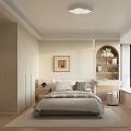 Modern Neutral Tones Bedroom Interior With Bed Framed Art Built In Shelf And Large Window
