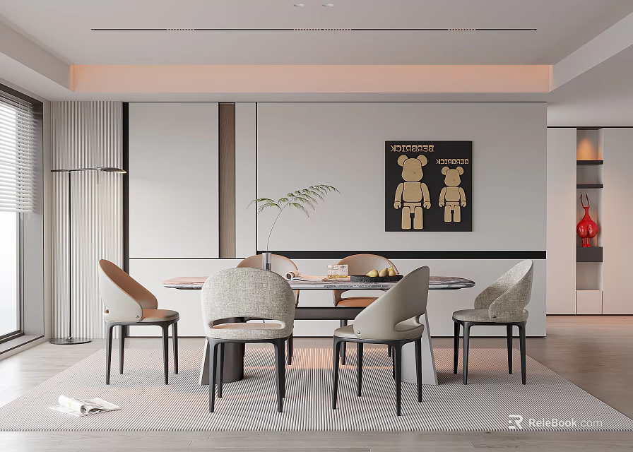 Modern Restaurant Interior With Dining Table Chairs Decorative Artwork Green Plant And Ceiling Lighting 3d model 