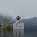 Silver Astronaut Doll Sitting On Metallic Cube With Mountain Trees Background 3d model