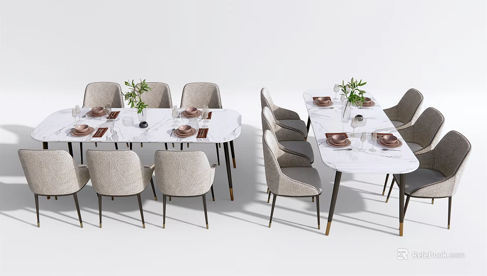 Modern Dining Table Set with Light Gray Chairs Marble Top Decorative Plants and Tableware 3d model