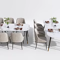 Modern Dining Table Set with Light Gray Chairs Marble Top Decorative Plants and Tableware 3d model