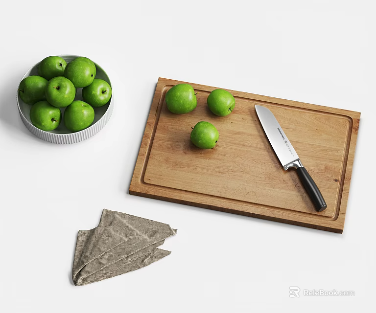 Fresh Green Apples in Bowl on Wooden Cutting Board with Knife and Cloth 3d model 