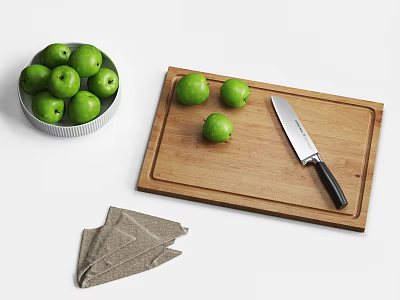 Fresh Green Apples in Bowl on Wooden Cutting Board with Knife and Cloth 3d model