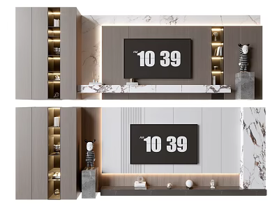 Modern TV Wall Design With Marble Finish Built In Lighting And Storage Cabinets 3d model