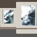 Abstract Blue White Black Wall Art In Modern Interior With Woman On Bench