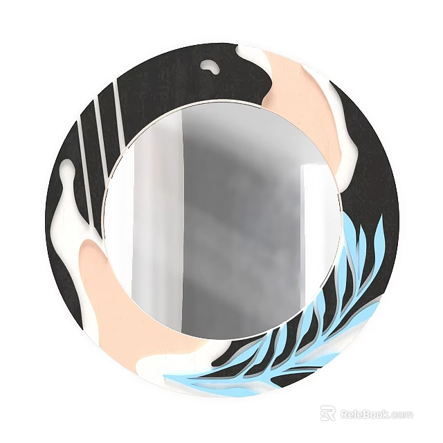 Round Decorative Mirror With Abstract Leaf Pattern Black Beige Blue Frame Modern Home Wall Decoration 3d model