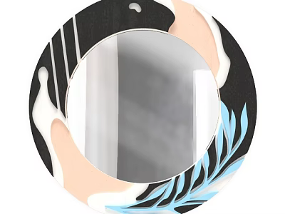 Round Decorative Mirror With Abstract Leaf Pattern Black Beige Blue Frame Modern Home Wall Decoration 3d model